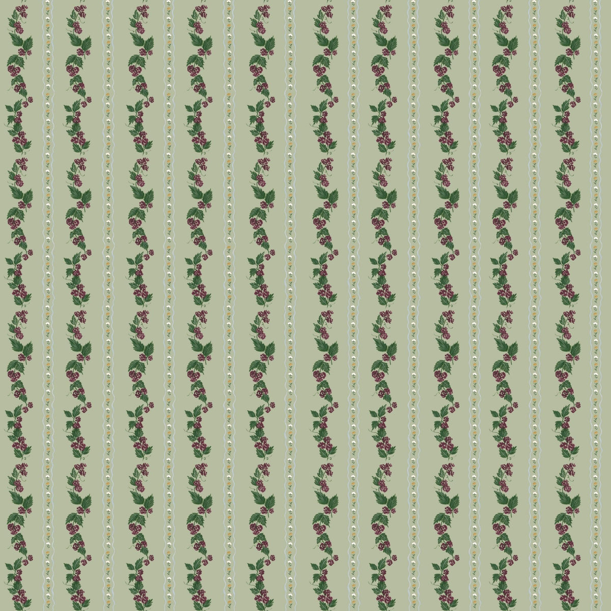 Sage green wallpaper with vertical stripes of purple berries, green leaves, and small white flowers.