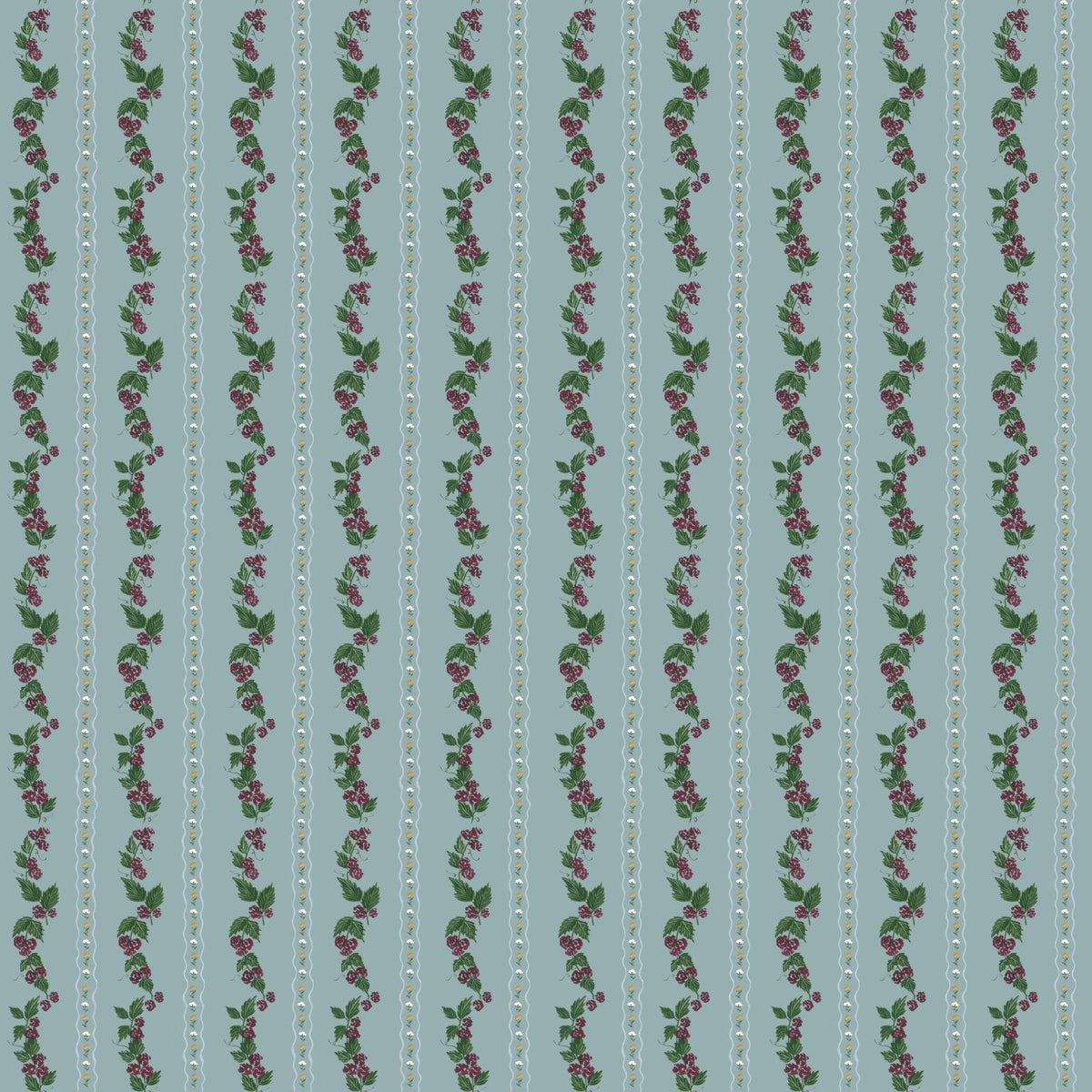 Blue wallpaper with vertical stripes of purple berries, green leaves, and white wavy lines.