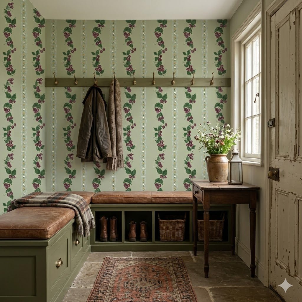 Green Wrenley wallpaper with purple berry vine stripes in a mudroom with a leather bench and wooden coat rack.