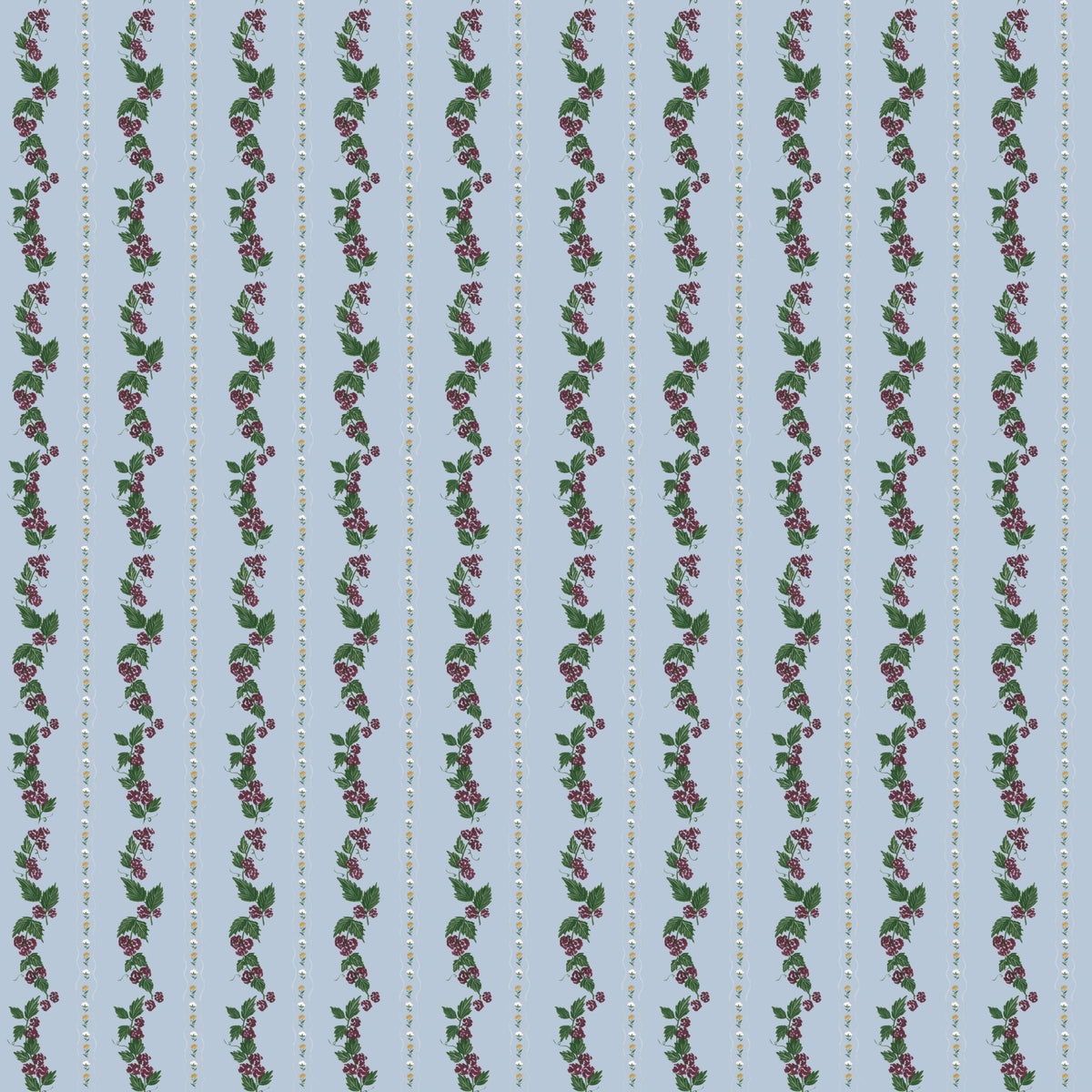 Vertical stripes of purple berries and green leaves on a light blue background, Wrenley Wallpaper by Pen and Pillar.