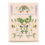 You Make Life Sweeter card featuring floral and fruit illustrations on a light pink background.