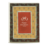 Yuletide holiday card featuring a red center with "happy holidays" text, surrounded by floral patterns and green borders.