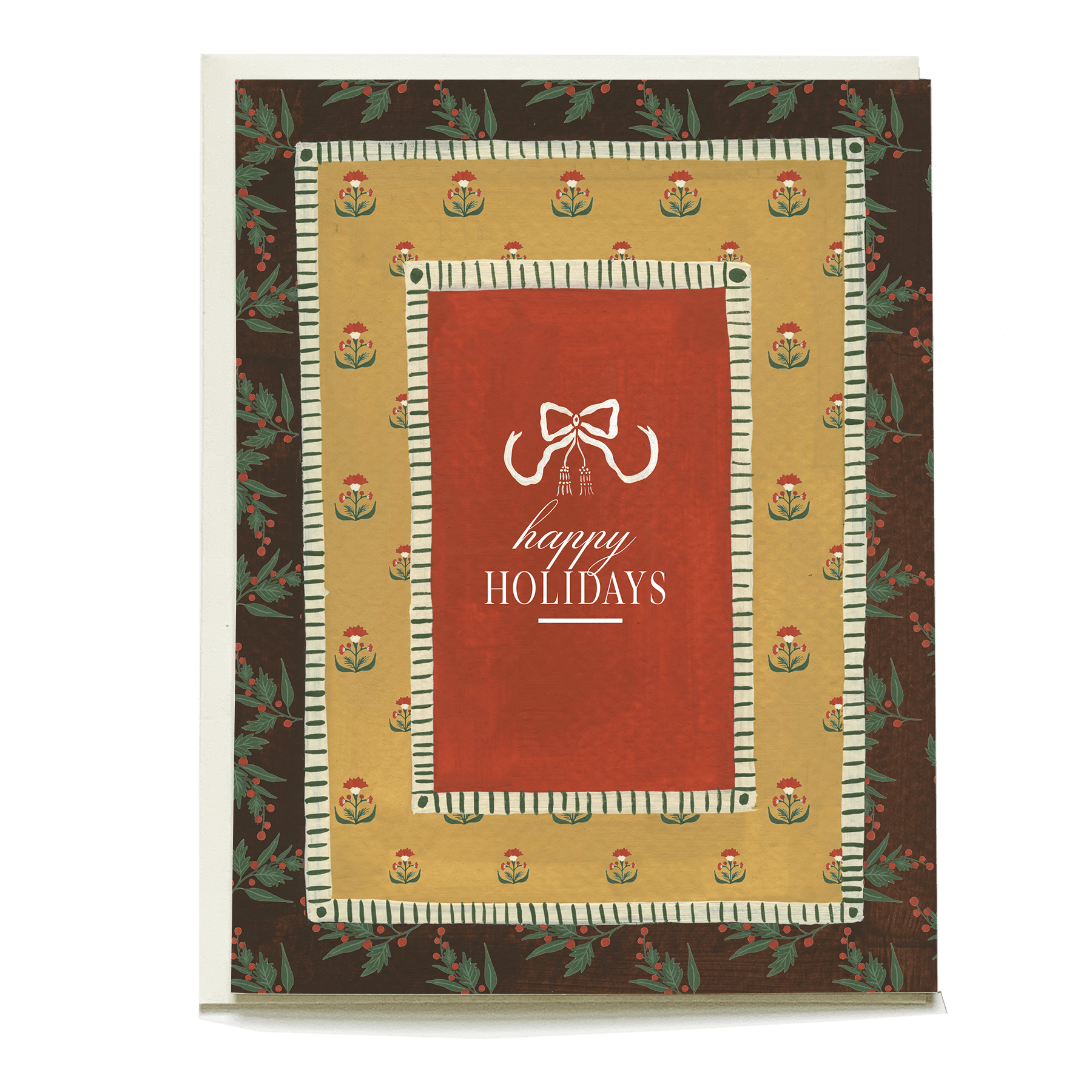Yuletide holiday card featuring a red center with "happy holidays" text, surrounded by floral patterns and green borders.