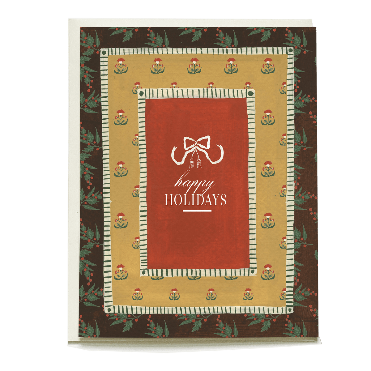 Yuletide holiday card featuring a red center with "happy holidays" text, surrounded by floral patterns and green borders.