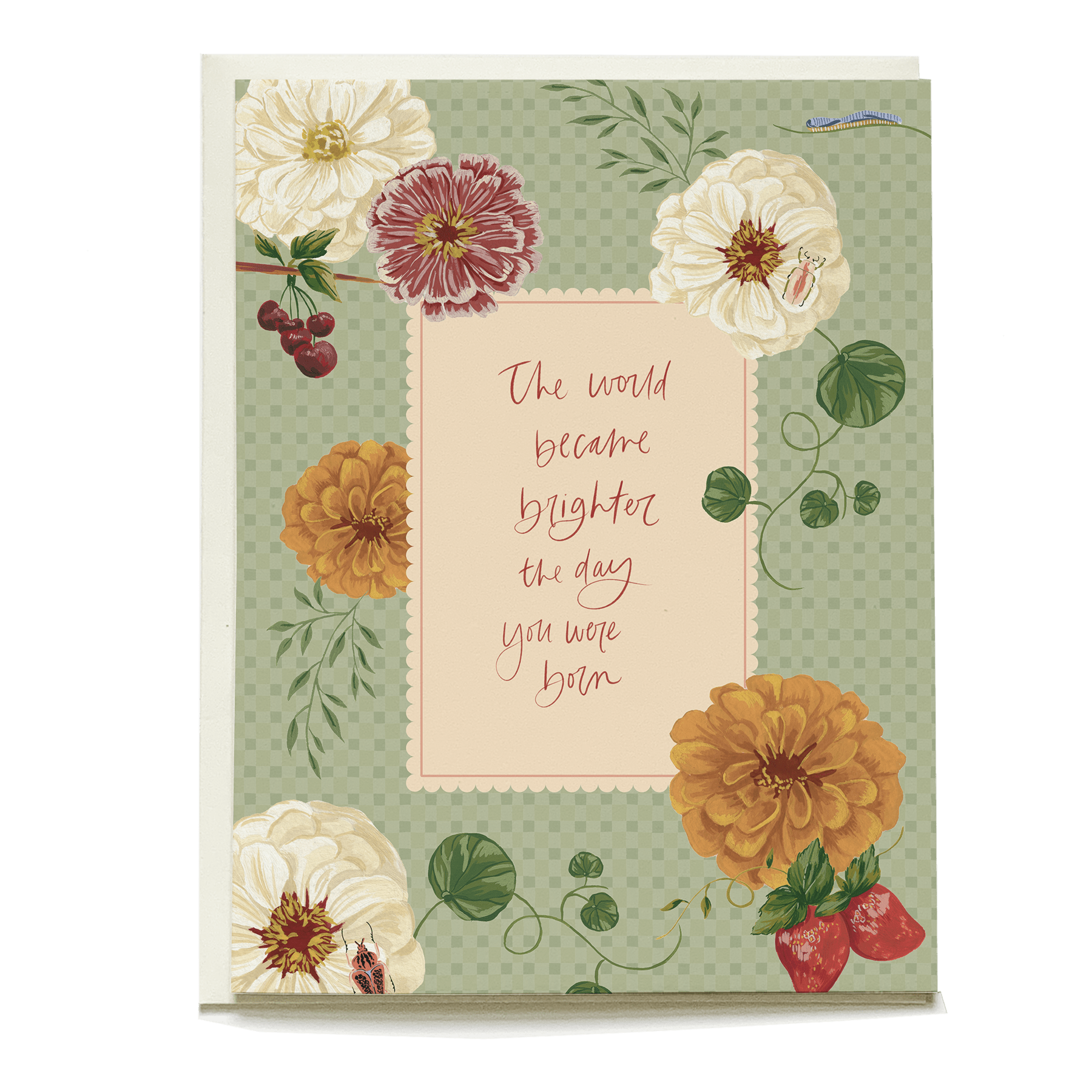 Zinnias birthday card featuring floral illustrations and a central message on a green checkered background.