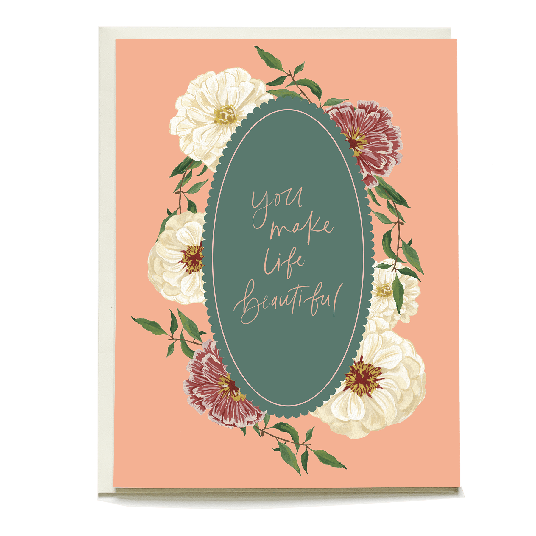 Zinnias love and friendship card featuring floral designs and the text "you make life beautiful" on a peach background.
